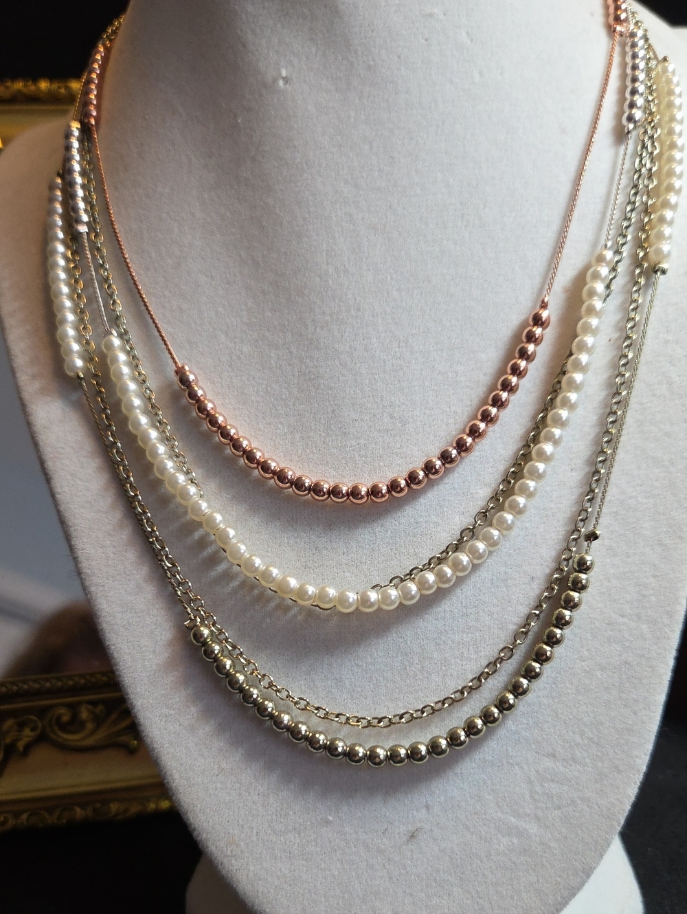 Multi-Layer Pearl & Bead Necklace - Rose Gold, Silvertone, Goldtone